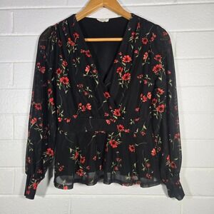 Ember‎ Floral Long Sleeve Blouse Top Medium Flowy Peplum Whimsygoth Moody Office